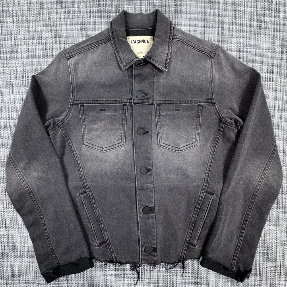 L'Agence Janelle Denim Jacket Womens Medium Gray Slim Raw Hem Stretch Made USA